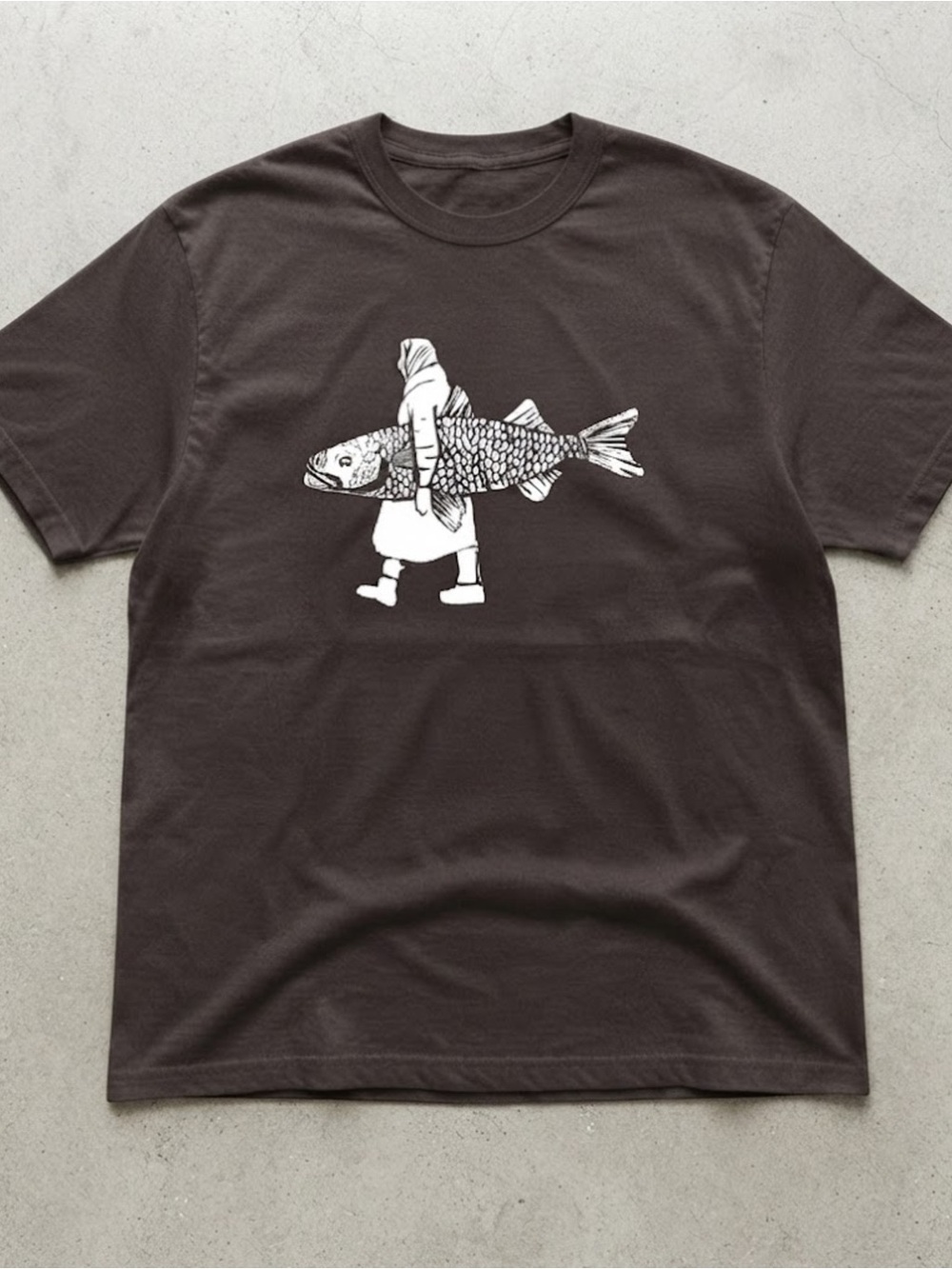 Graphic Art Fish Person Brown Cotton Gildan T-Shirt